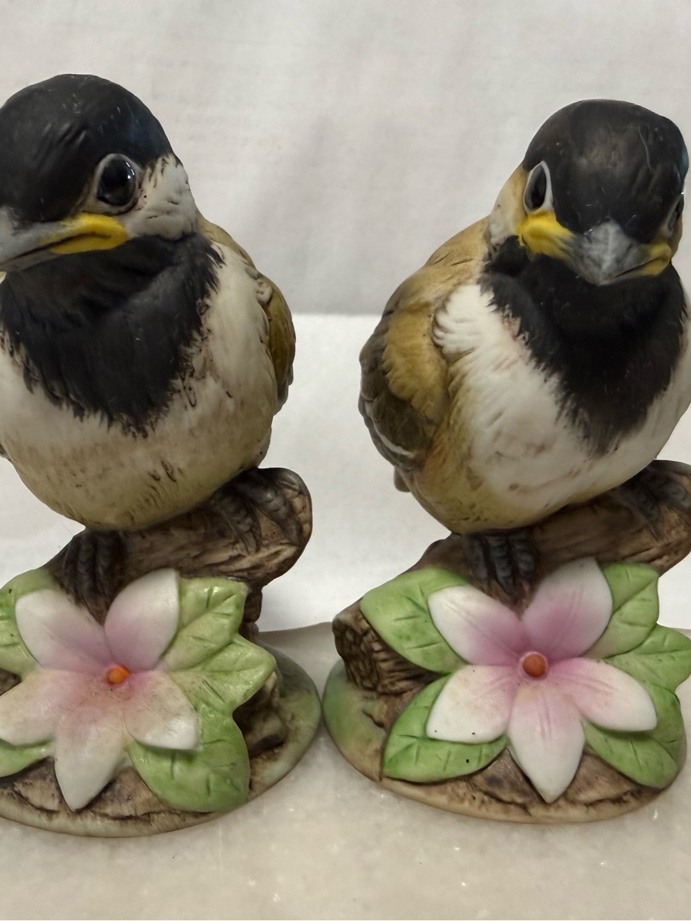Decorative Ceramic Bird Figurines in Black, White & Brown - Pair